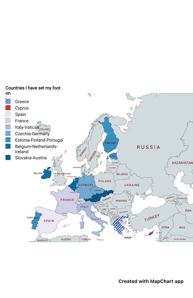 Map of Europe with the title ‘Countries I have set my foot on’ and the countries of Greece, Cyprus, Spain, France, Italy, Vatican, Czechia, Germany, Estonia, Finland, Portugal, Belgium, Netherlands, Ireland, Slovakia, and Austria colored in various shade of blue 