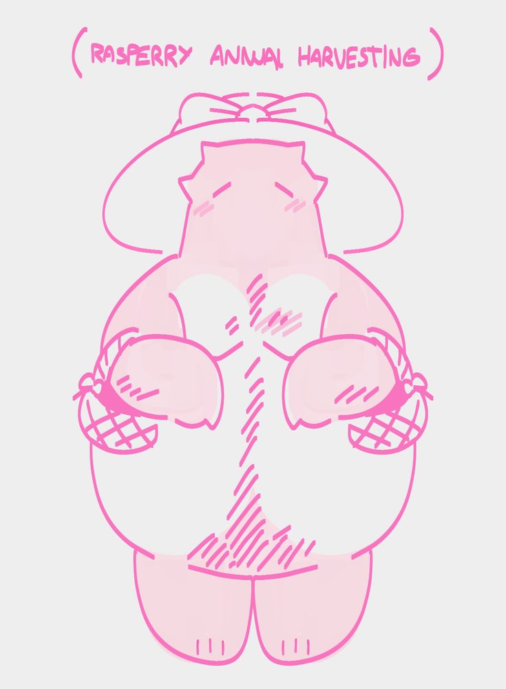my monster oc with a soft pink palette wearing a big sun hat with a bow and two tiny (human sized) baskets to carry harvested raspberries (his favorite fruit). monster is round and chubby, squishy and soft and has a visible trail of body hair from his chest to pubes