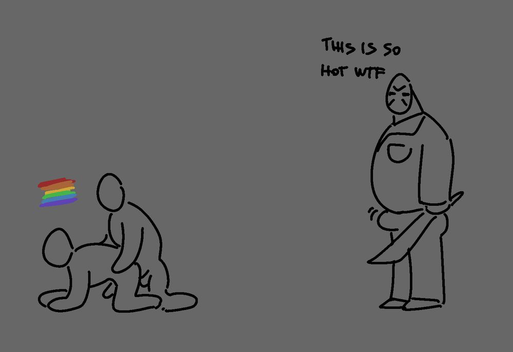 bottom left there is a gay couple having sex dog style, bottom right there's jason voorhees standing still with a machete in hand, quietky staring with a boner in his pants thinking/saying "this is soo hot wtf"