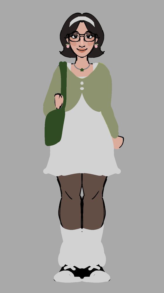 a person (me) standing wearing a white dress, white leg warmers and white bandana, a green cardigan and a darker green shoulder bag. black and white sneakers and glasses. a star necklace and peach earrings. curled bob haircut