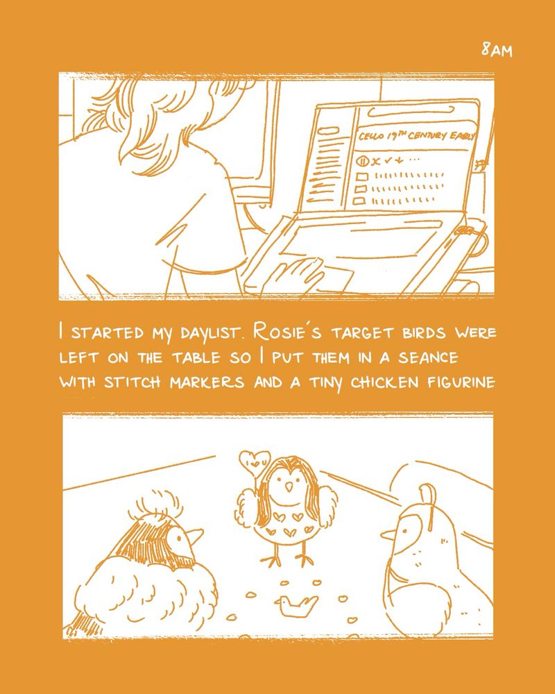 a comic for hourly comics day. the text is white on an ochre yellow background. the first panel shows a person using a computer that has a playlist on the screen. the second panel shows three bird decorations in a circle with smaller circles surrounding a chicken. the text says “i started my day list. rosie’s target birds were left on the table, so i put them in a seance with stitch markers and a tiny chicken figurine”
