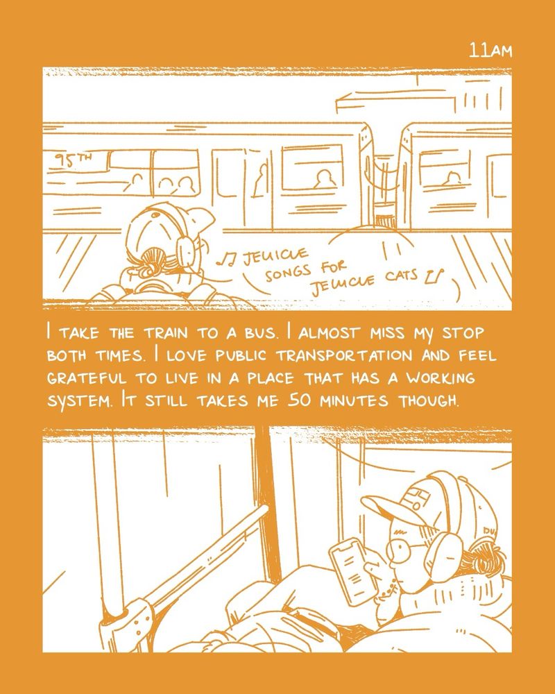 a comic for hourly comics day. the text is white on an ochre yellow background. the top panel shows me waiting on the train platform. there’s a 95th bound train in front of me. by my head it says “jellicle songs for jellicle cats” with music notes around it. the bottom panel shows me sitting on the bus looking at my phone. the text reads “i take the train to a bus. I almost miss my stop both times. I love public transportation and feel grateful to live in a place that has a working system. It still takes me 50 minutes though”