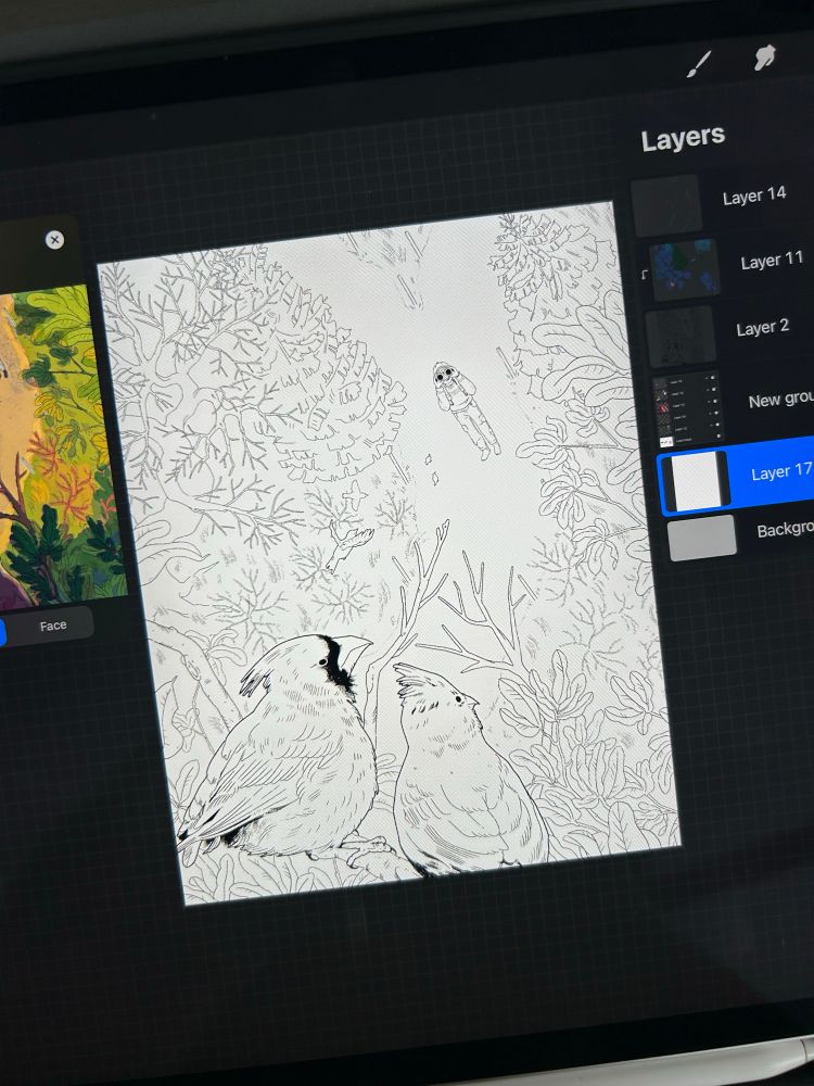 photo of a project in procreate showing black lineart on a white background. the illustration on the screen shows two birds in the foreground, lots of foliage in the mid ground, and a person with binoculars looking up at the birds in the background. there is a panel cut off to the left showing the colors that might be used in the piece and the layers panel is open to the right showing the white background color layer selected.