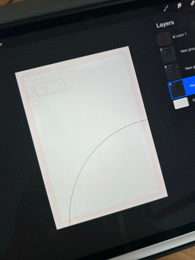 photo of a project in procreate showing black lineart on a white background. it’s a simple arc in the bottom right corner. there is a faint guide showing borders in a light red color. the layers panel is open to the right showing which group of layers is currently selected.