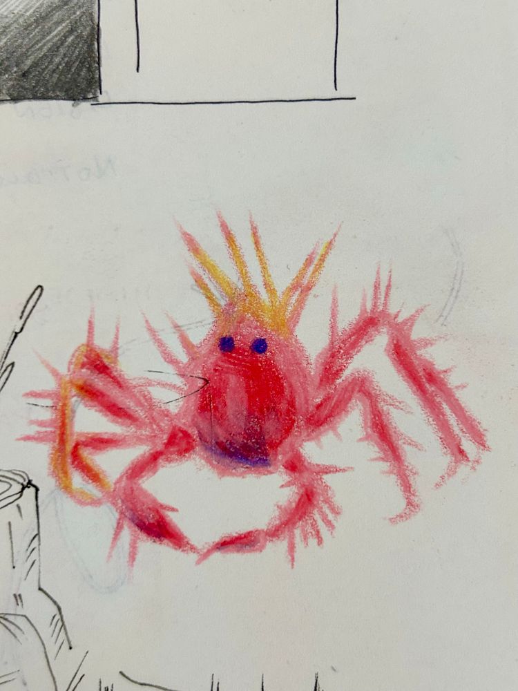 colored pencil drawing of a baby king crab in a sketchbook. there are half bits of other drawings in ink and pencil around the crab