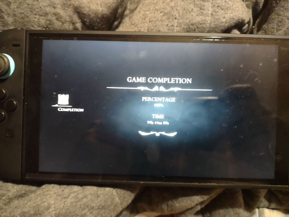 Silksong completion screen: Percentage 100% time 99 hours 44 minutes 3 seconds 