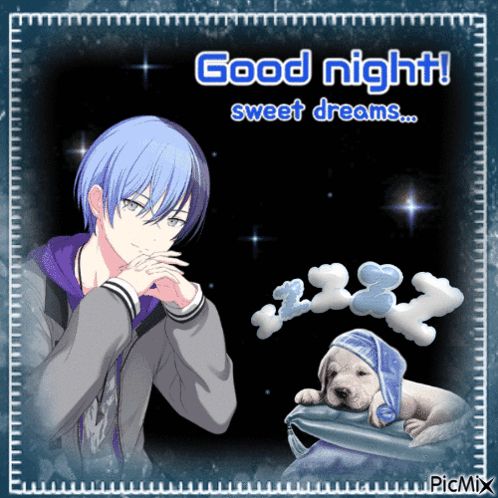 a picture of a boy and a puppy with the words good night sweet dreams on it