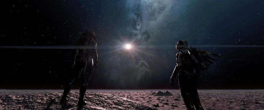 on a planets surface looking out across the sky at the sun and stars. game: Starfield by Bethesda