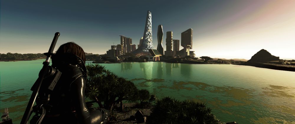 New Atlantis shot behind my character on her base in #Starfield