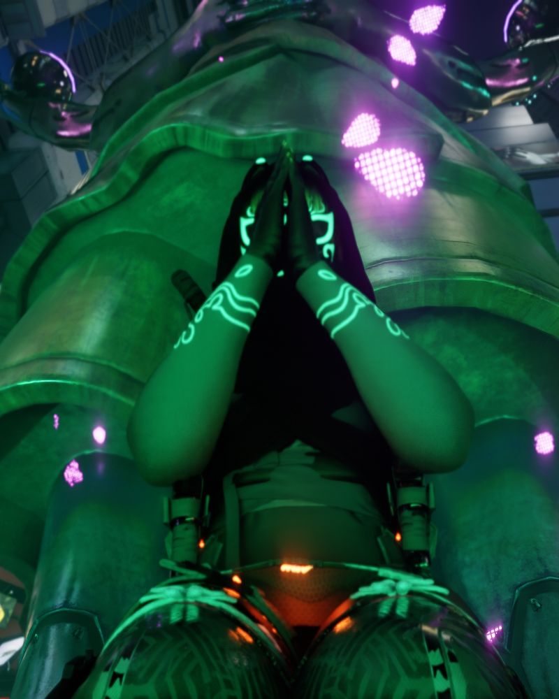 female v kneeling in from of a statue in Night City