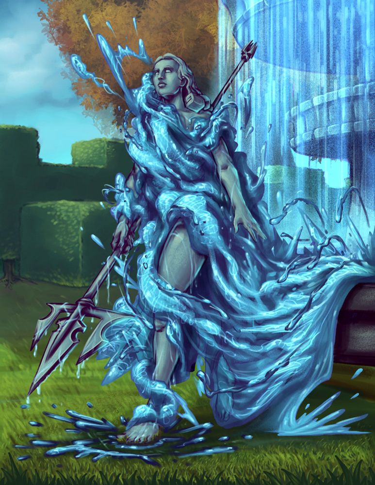 A living statue of a woman strides from a fountain carrying a trident. The garden around the fountain is lush and green providing a vibrant background to the stoic figure in the foreground.