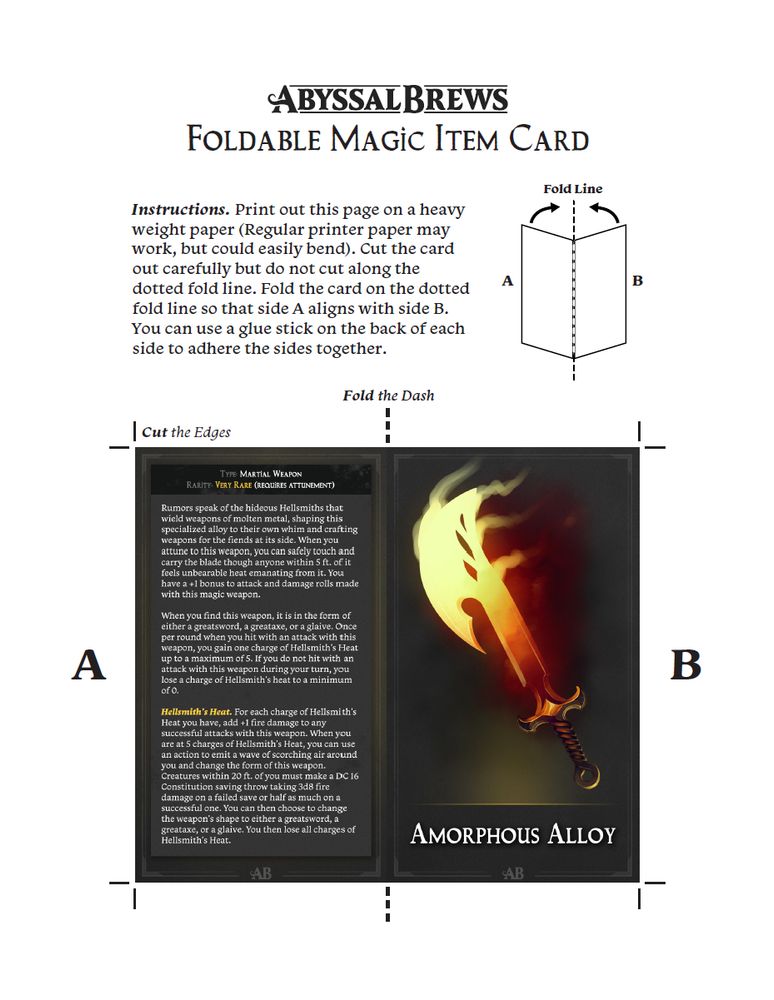 A templat showing the Amorphous Alloy magic item on a foldable item card template. 