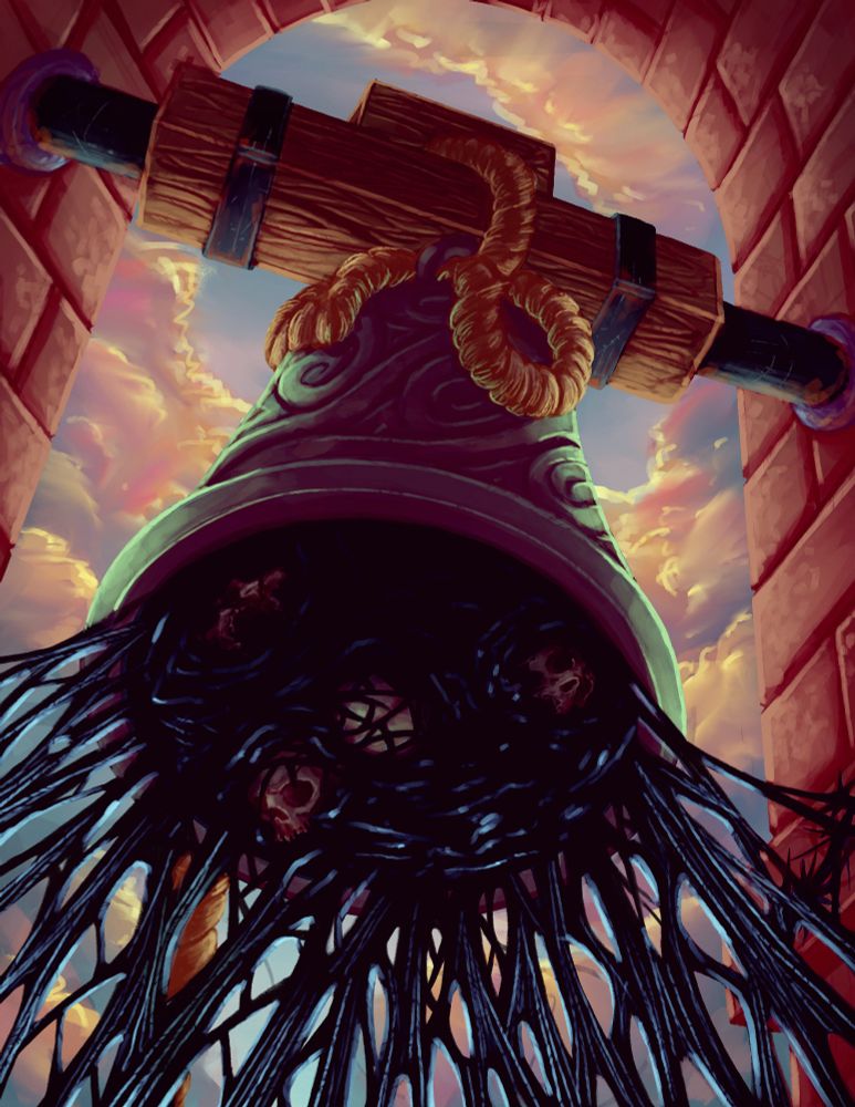 A large iron bell hangs in the belfry of a stone building, flanked by stone arches against a pastel clouded sky. The interior of the bell is corrupted with a clawing black ichor laden with skulls of the dead.