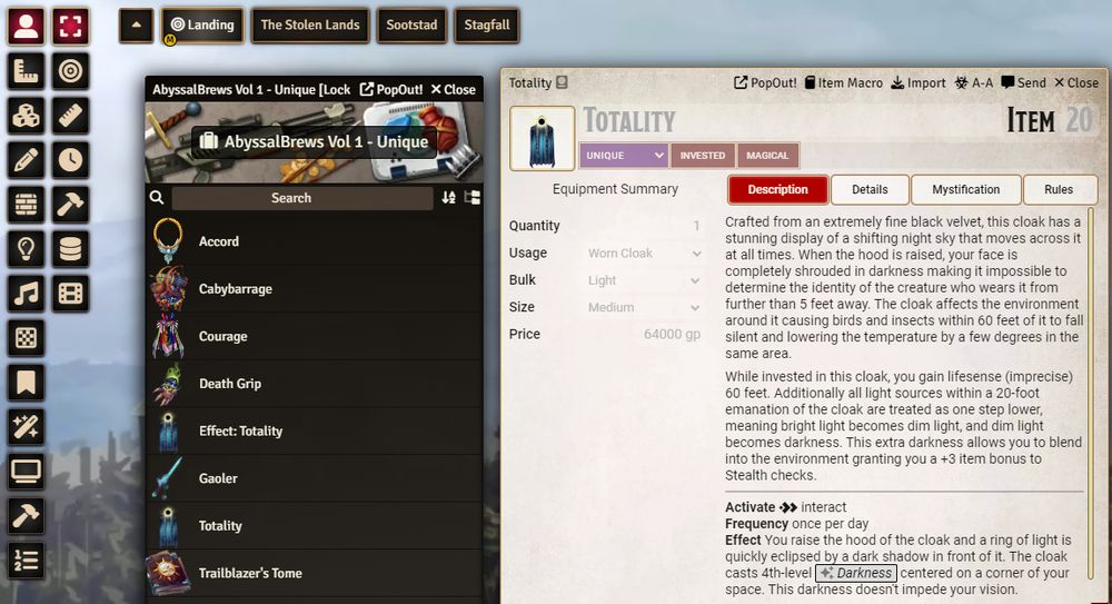 A screenshow showing a Foundry VTT interface with a number of AbyssalBrews original magic items shown as part of a compendium.