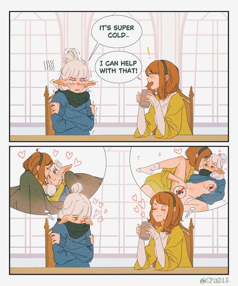 a comic strip by Spindle of the original couple characters Asimov (on the left) and Ottilie (on the right). Panel 1 on the top: Asimov is shivering and stating 