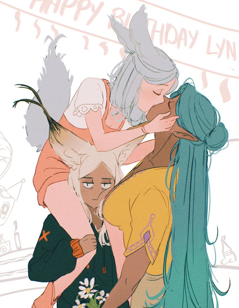 art showing Lyn (the fox girl with light blue hair) sitting on top of Izaria (cat girl with white hair) while kissing Therese (Elf with blue/cyan hair). The background has an obstructed text that says "Happy birthday Lyn!" 