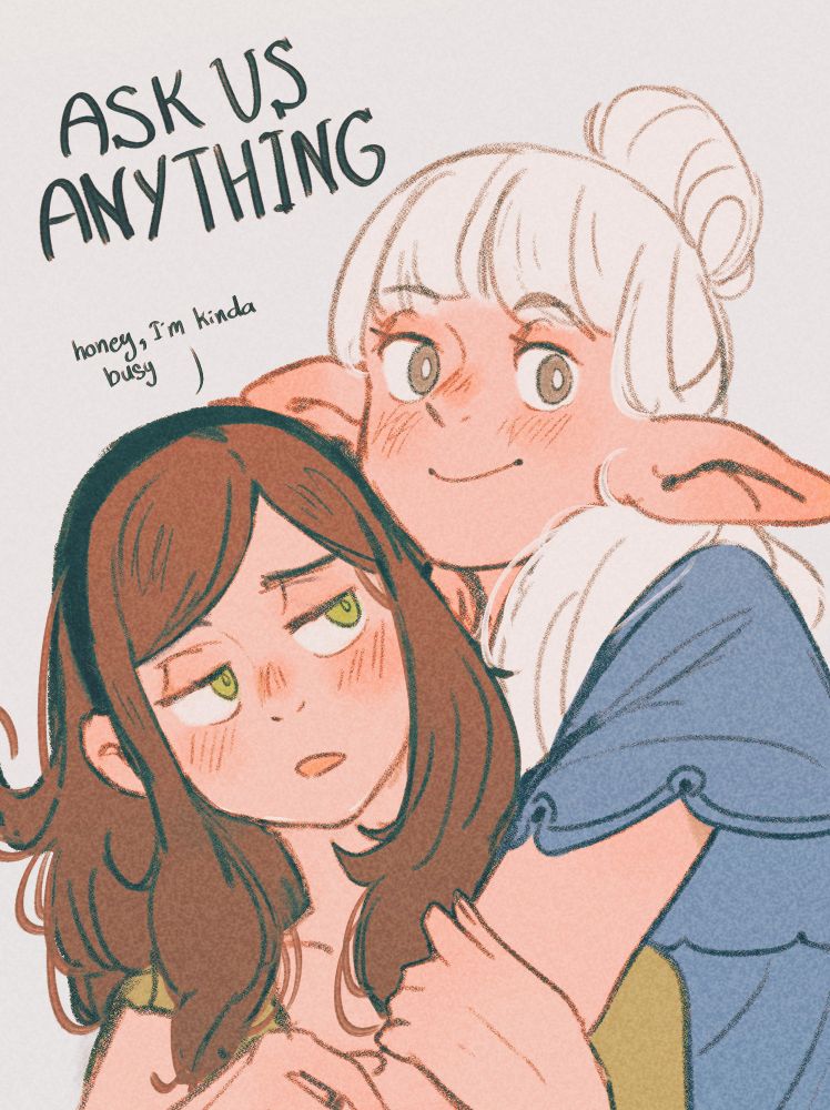an artwork of two characters, Asimov (on the right, a half-elf woman with white hair) and Ottilie (on the left, a human with brown hair) with the text "Ask us anything" 