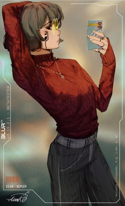 an illustration by Spindle of the character Tether, a human with short black hair taking a selfie. She's wearing a red turtleneck, and black pants with grey vertical stripes.

Various text appear on art - which is the frame of the camera app she's using on her phone named Blur™ - the texts are:
- BLUR™
- v3.19.2.2 - BETATESTER
- 15:44 - KEPLER
- Novakov - Kasward, M.B. C-03, A, 07

(Kasward is a district within Novakov, M.B. is the street designation, C-03 is for the building block, A 07 is the 7th apartment. I just doxxed Tether for you you're welcome lmao)