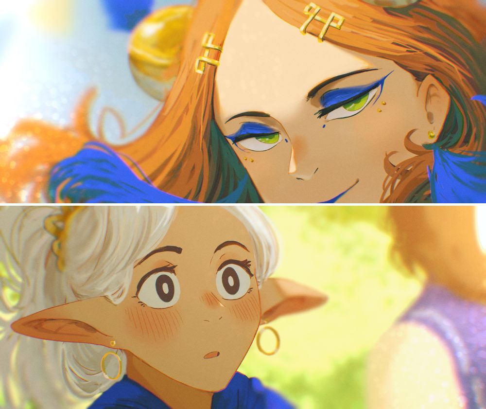 An illustration by Spindle that's a continuation of the Harvest Festival piece. The top part is Ottilie with festival makeup looking at the viewer (Asi), the bottom part is Asimov looking enchanted by Otti's performance, falling in love for the billionth time with her
