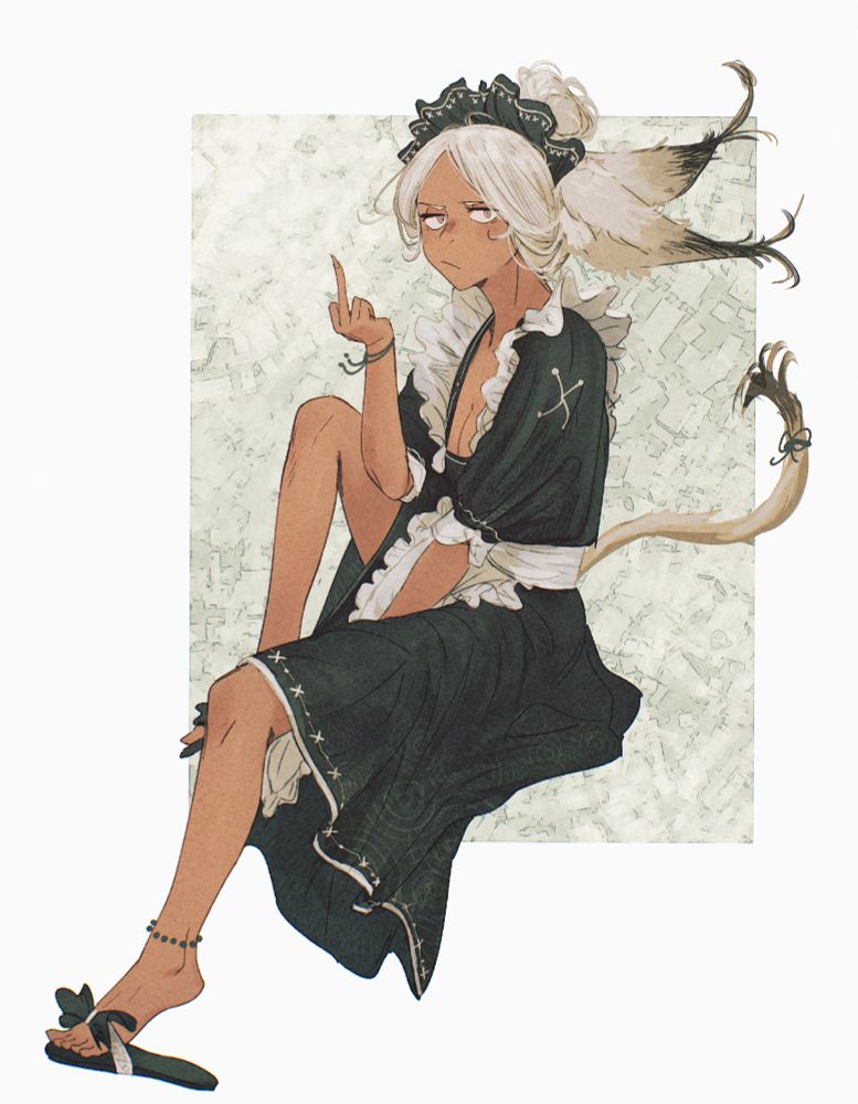 An artwork by Spindle of the character Izaria wearing a maid outfit, while flicking the middle finger to the viewer due to being put in a maid outfit