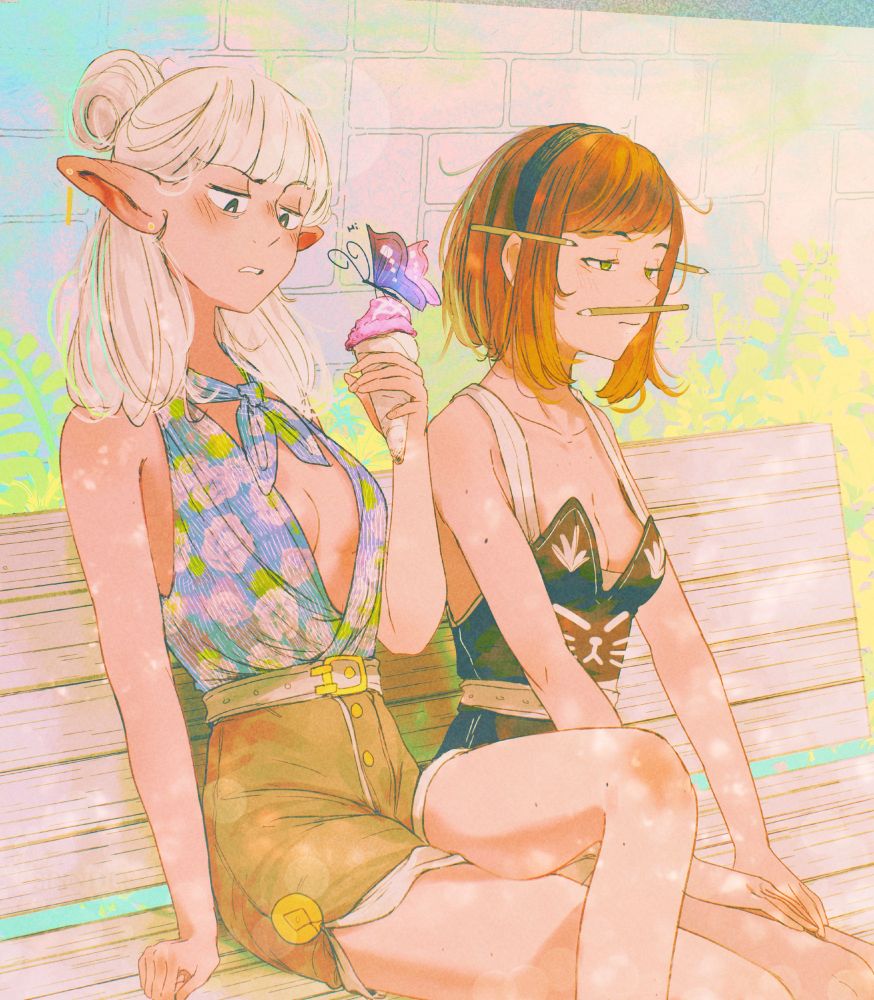 an illustration by Spindle of the original characters Asimov (on the left) sitting on a bench and eating icecream, as a butterfly is standing on the icecream scoop with the caption 