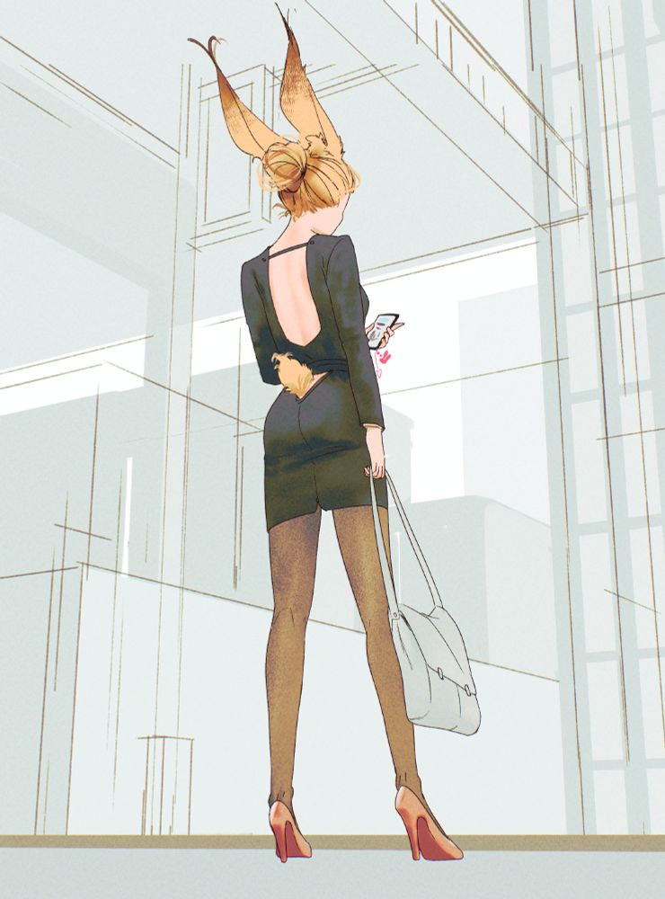 an artwork by Spindle of the characte Ev, a blonde rabbitfolk, standing on a side walk and looking at her phone. She's wearing a black office outfit, dark cream-coloured pantyhose, and pinkish-reddish heels