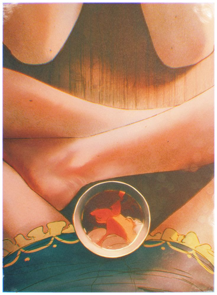 an artwork of Spindle's characters, Asimov and Ottilie, showing a down-POV with Asi sitting crosslegged (at the bottom) and Otti in front of her. A cup of tea is between Asi's legs, with the reflection of them kissing.