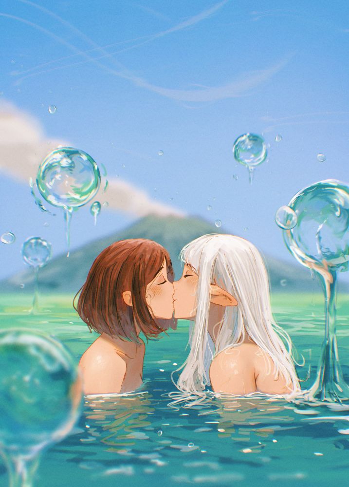 An illustration by Spindle of the characters Ottilie (on the left, brown haired one) and Asimov (on the right, half-elf with whtie hair) kissing each other while swimming. Surrounding them are spherical water blobs that are coming out of the water.* A volcano with fumes coming out is out of focus in the background.

*Lore-wise they contain a type of mana-infused algae that absorb nutrients from the sheddings of the Harvest Sprites. They create a filament as they coagulate that eventually allows a blob to form and using said mana allows them to float above the water for easier access to airborne microscopic sheddings.

Folklore wise they're called "Loa" and people believe they are born from the ocean itself celebrating the coming of the Harvest Sprites. Much like how the amount of Harvest Sprites is said to foretell the yield of the harvest, if a Loa hovers over a boat, it’s thought that the next fishing haul will be bountiful. Usually, Loas appear before the actual appearance of the Harvest Sprites, and once they do, they're called "Loa Days."

#SpindleLore