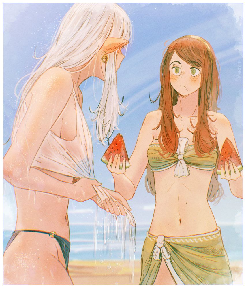 An illustration by Spindle of the characters Asimov (on the left) wringing her wet top, whilst looking at Ottilie (on the right) who's bringing watermelon slices to her. The background is a beach with faint planetary rings visible