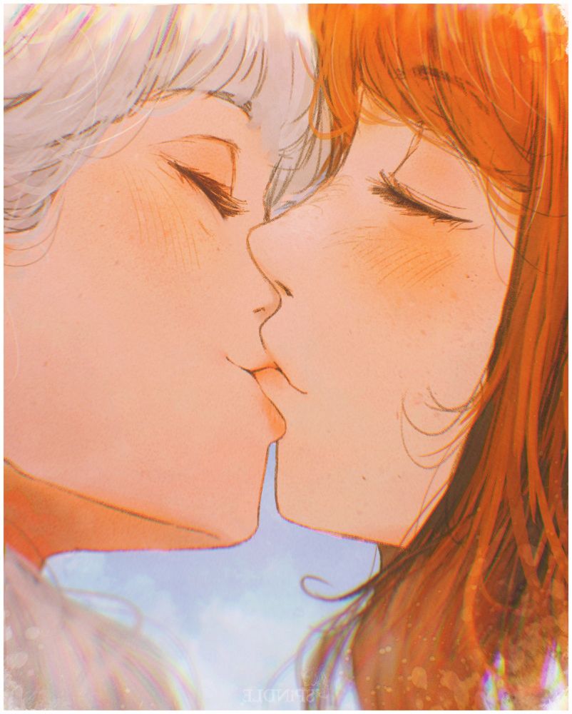 an illustration by Spindle of the characters Asimov (half-elf, white hair, on the left) kissing Ottilie (human, brown/orange hair, on the right)

(tis a repost, i flipped the artwork this time around tho so it matches the quoted post)