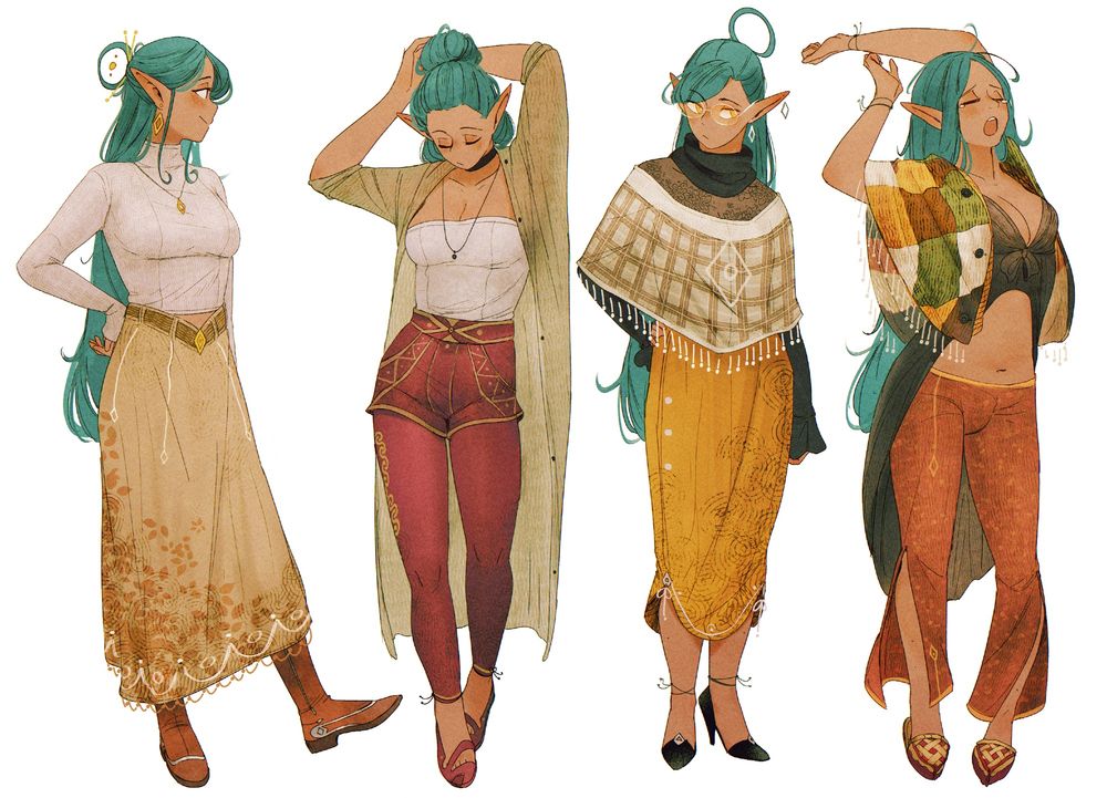 An artwork by Spindle of the character Therese, a trans elf woman who has cyan hair. The artwork showcases 4 different autumn outfits (from left to right):
1 - Therese's hair tid up to a circular "bun", while the rest of her hair is down to her butt. She's wearing a white turtleneck, a golden diamond-shaped necklace, and a long beige skirt with a dark leaf pattern. She's also wearing brown boots with a silver accent.

2 - Therese's hair tied up in a big bun. Wearing a white croptop under a long see-through beige cardigan. Red pants with brass-coloured accents, and red leggings that end just above the ankles, as well as red flats with swirly openings.

3 - Same hairstyle as 1 (except without the floating accessory in the hair loop), she's wearing a black scarf, a white and beige checkered shawl with a diamond shape on the front, and a black top underneath. (only the sleeves are visible). She's wearing a yellow skirt with white accents and buttons, and black open heels.

4 - Home fit, hair messy and free. Wearing a multi-coloured capelet/cardigan thing (idk what it is lmao), a black "night gown" with an opening in the front, and red pants with slits on the sides on the bottom. She's also wearing pie-shaped slippers (That Felt made for her!) 