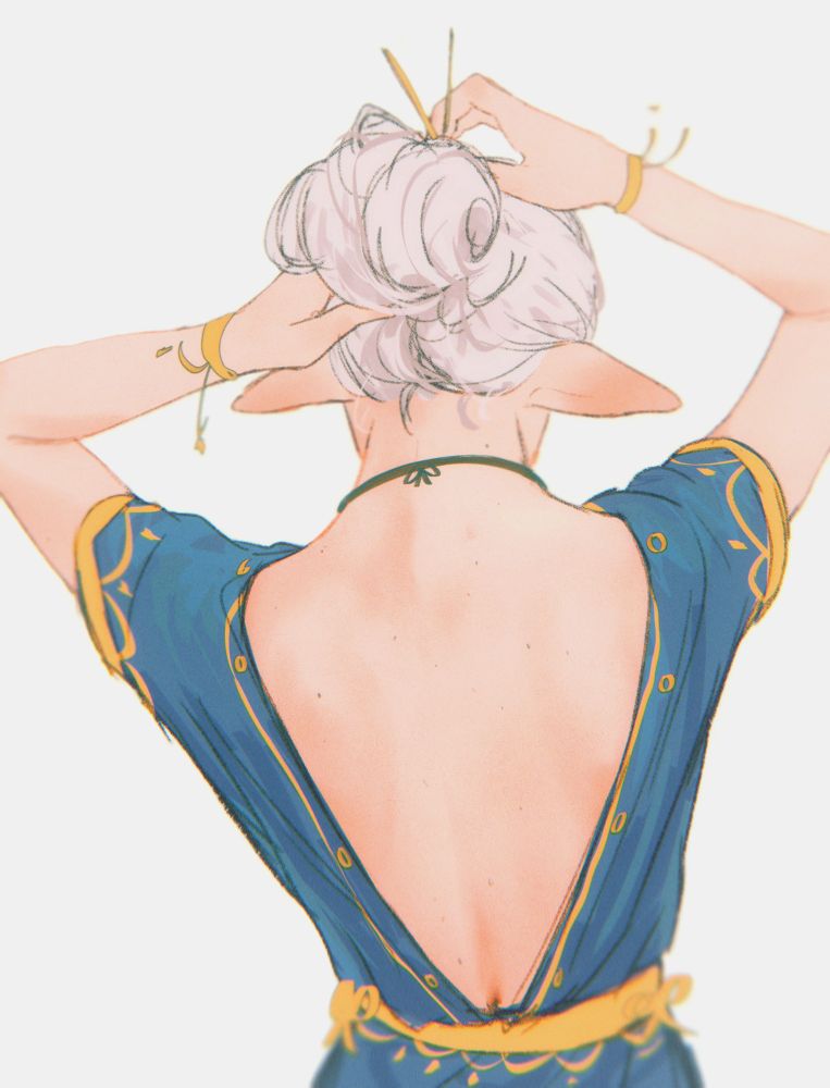 Back view of Asimov, a half-elf character, tying her hair, while wearing a blue dress with a back cut out. 