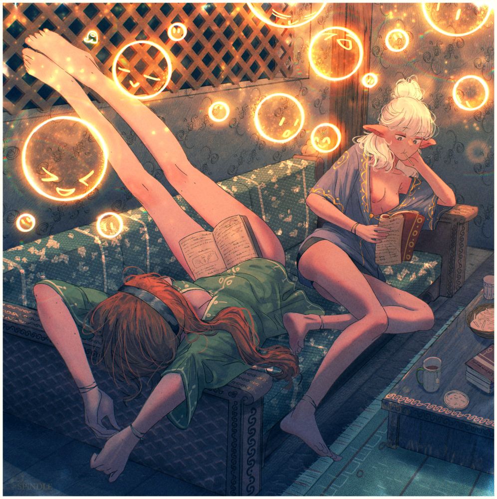 An illustration by Spindle of the characters Asimov (right) and Ottilie (left) sitting on a sofa in their home reading books. Light orbs are illuminating the room as it's night time. Various objects are on the tablet such as bread sticks, two tea mugs, books, and a sun seeds shells tray 