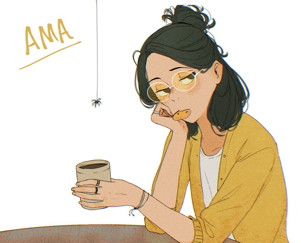 artwork by Spindle of themselves holding a coffee up and a biscuit in their mouths. The text "AMA" is written on the left. A pixelated spider, named Spider, is next to Spindle (i did not eat him i lied)