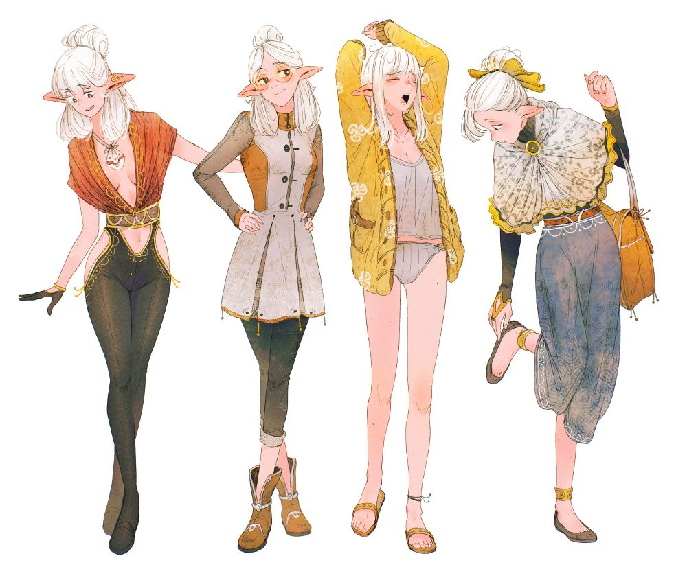 An artwork by Spindle of the character Asimov in 4 autumn outfits. From left to right:
- A somewhat see-through red top v-neck tucked under a belt with golden accents on her waist, and black leggings with cuts on the sides and the midriff.
- A 3 tone dress; white-ish base, beige sleeves, orange sides and accents, with black rolled-up pants, and leather boots with silver accents.
- Home fit, baggy yellow cardigan, white silk top, white underpants, and flip flops
- Yellow bow-tie on her head, white shawl with bluish/orange leaves pattern, and yellow accents, with a black turtleneck underneath. She's also wearing a blue-ish skirt with beige grunge. Her footwear consists of open sandals, and golden anklets