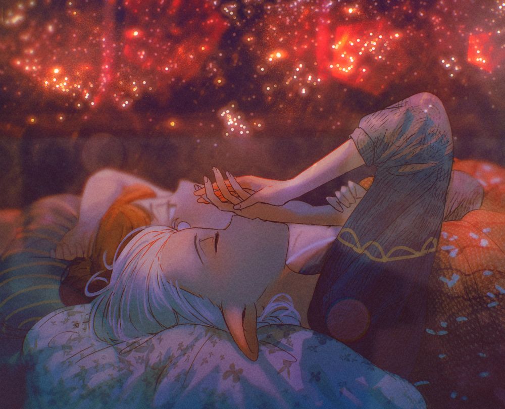an illustration by Spindle of characters Asimov and Ottilie, laying down on their bed, about to go to sleep. Asimov is on the front, holding Otti's hand kissing it, and Otti is behind her, looking up at "Fireflies" (not actual fireflies, just ambient light spell by Asi, similar to the Dancing Lights one in my previous pieces). 

This is a sequel to a previous piece quoted in this post