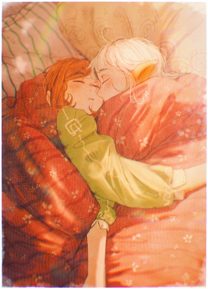 an artwork of Spindle's characters: Asimov (on the right) and Ottilie (on the left) sleeping
