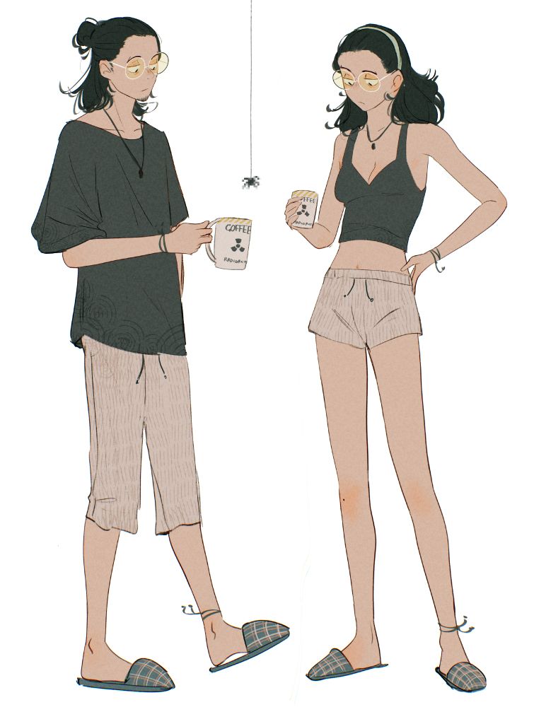 a self-portrait doodle showing a masc-leaning Spindle on the left and a femme-leaning Spindle on the right