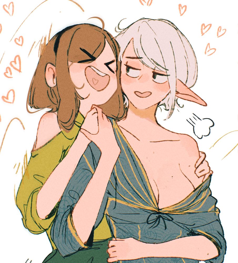 an artwork by Spindle of the characters Ottilie (on the left,, a human with short brown hair) and Asimov (on the right, half-elf with short white hair)

Otti is leaning and grabbing Asi from behind, jumping up and down in excitement at Asi's new haircut, accidentally (read: "accidentally") slipping her blue robe down a bit to expose her cleavage. Otti's expression is >< . Asi meanwhile is looking back at her with a content sigh 