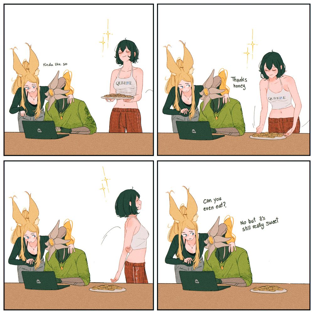 a single-page comic by Spindle of the characters Tether, Ev, and Enoch. 
- The first panel on the top left: Evelyne is on the left, leaning on Enoch and guiding him with something on the laptop, saying "Kinda like so". Tether enters on the right, smiling, holding a plate of cookies.

The second panel on the top right: Same positions as before. Tether places the cookie plate on the table, to which Enoch replies with "Thanks honey."

- Third panel on the bottom left: Same positions, but Tether is leaving now to the right after having placed the plate.

- Fourth and final panel on the bottom right: Tether is no longer in the shot, Ev says to Enoch "Can you even eat?" to which he replies "no but it's still really sweet." (For context, Enoch is nearly entirely cybernetics with the exception of his brain and spine, food isn't really something he eats anymore. Tether kinda be 'tupid sometiems and since she's new in the relationship with him, she's trying her best kek)