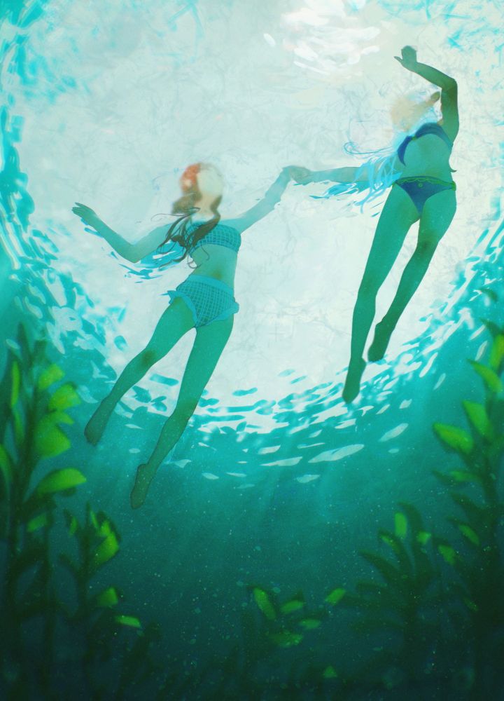 an artwork showcasing two of Spindle's characters; Ottilie (on the left) and Asimov (on the right) swimming in the water. The perspective is bottom-up; green kelp is under them.