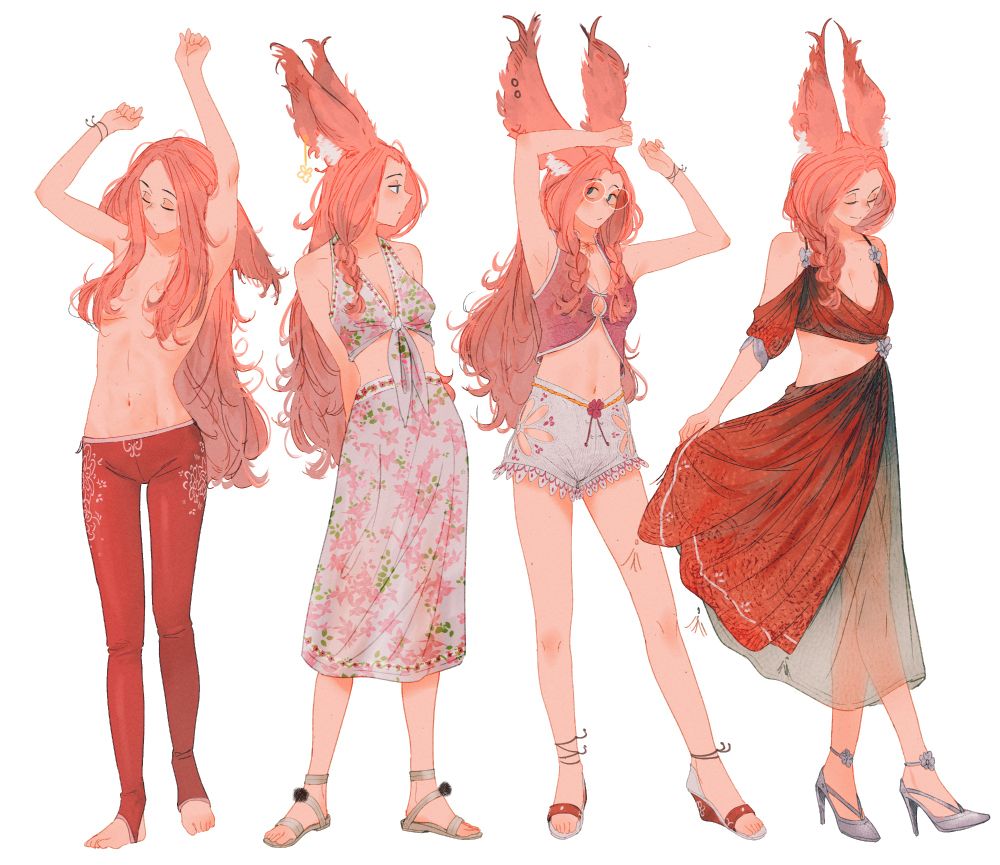 some of Felt's summer outfits, from left to right:
1 - home fit, consisting of only red pants/tights
2- Floral dress and beige sandals 
3- Pink top and white floral cutout shorts, with red and white sandals (also wearing round glasses)
4 - Fancy red dress with a split in the middle, two layers on the bottom one opaque red and underneath is transparent  fabric