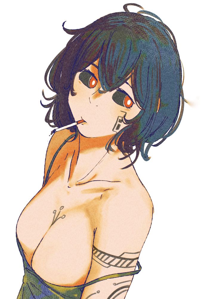 an artwork by Spindle of the character  Tether, a human with short black hair, black sclera, red iris and white pupils (cybernetic eyes), looking to the side and smoking