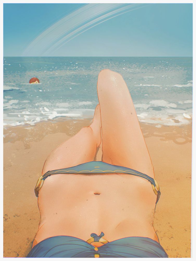 artwork showing Spindle's character, Asimov, laying on the beach. the perspective of the art is from Asimov's POV. Ottilie can be seen in the water peaking her head out in the distance. The planetary rings are also visible in the sky