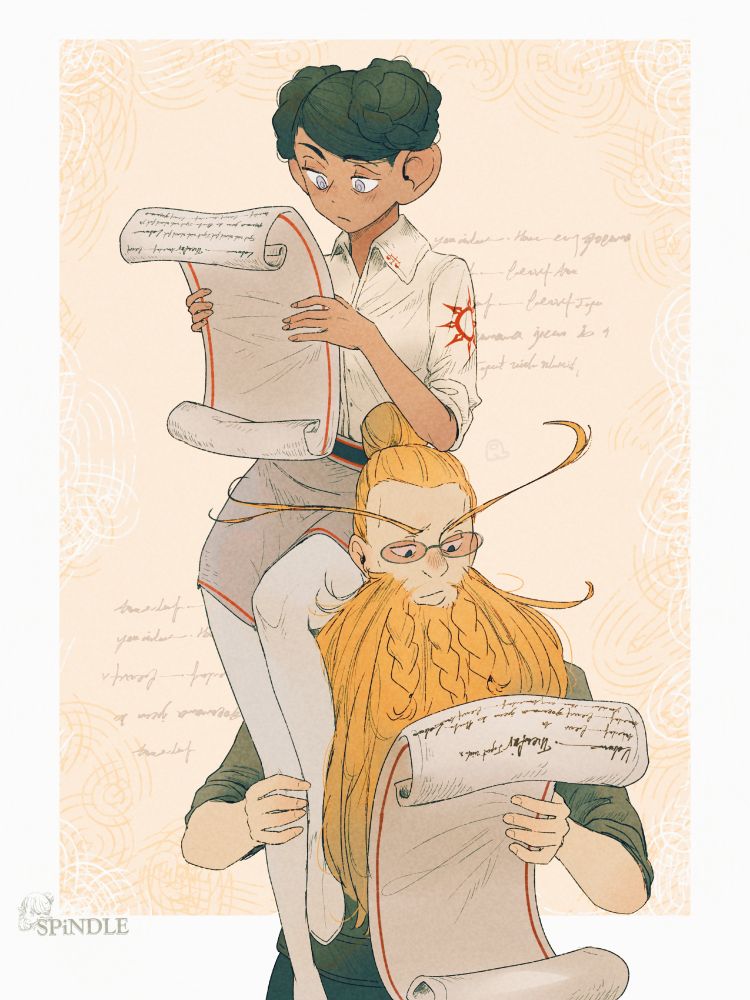 an artwork by Spindle of the characters Tessa (a female halfling with black hair tied up in two braided buns on each side) sitting on the shoulder of Halden (a human male with orange hair tied up in a bun and a massive beard). Both are reading a scroll