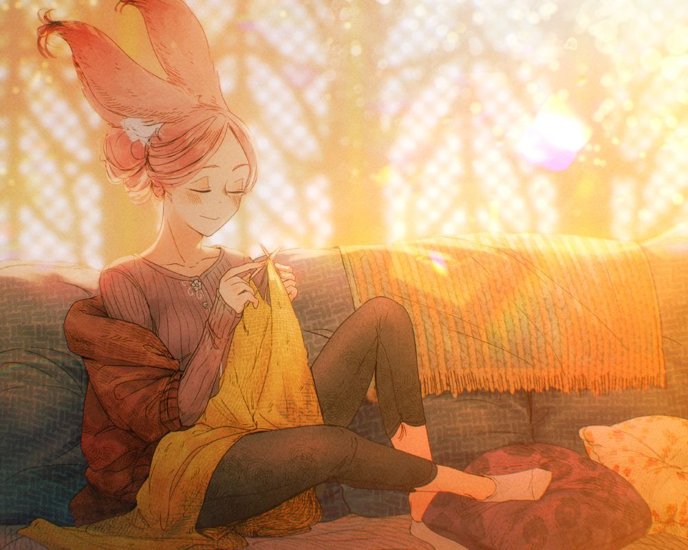 an illustration by Spindle of the character Felt; a pink-haired bunny girl, sitting on a sofa and knitting. she has her hair tied up in a big bun, wearing a semi-see-through sheer top, a baggy red cardigan, black leggings and white socks.