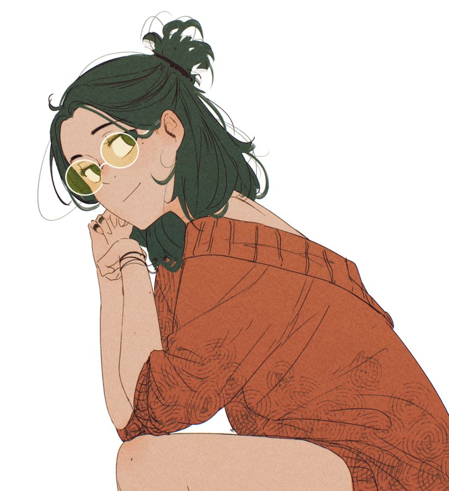 A self portrait doodle by spindle. Short black hair tied up in a messy bun, round yellow glasses, red sweater 