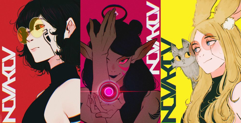 Novakov is the name of the city (and project) of the cyberfantasy period. Which is in the same world as my fantasy one, just in the future.

From left to right, it's Tether, Peltha, and Ev
