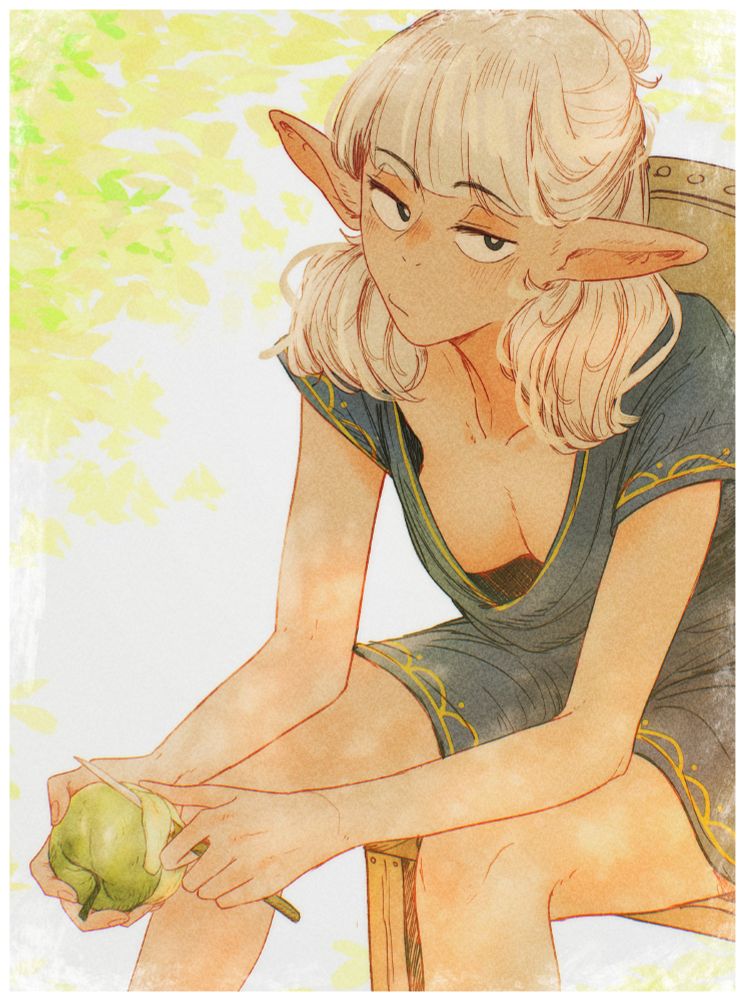 an illustration by Spindle of the character Asimov, who's a whitehaired half-elf, sitting on a chair while looking uninterested at the viewer, as she cuts a green apple