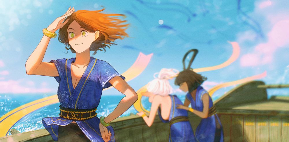 an illustration by Spindle showing multiple characters on a boat on the sea. Ottilie is on the most left looking out into the horizon, while Asimov is in the background trying not to puke due to sea sickness, while an unnamed character tries to comfort her. The sky has far (blurry) shots of the blue Harvest Sprites from previous works.